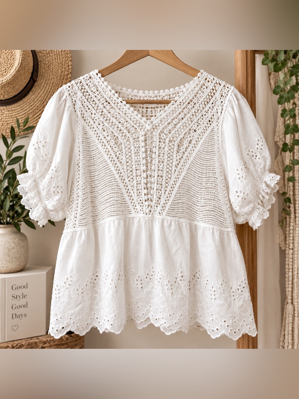 White Crochet Eyelet Peplum Blouse Fits M Boho Cottagecore